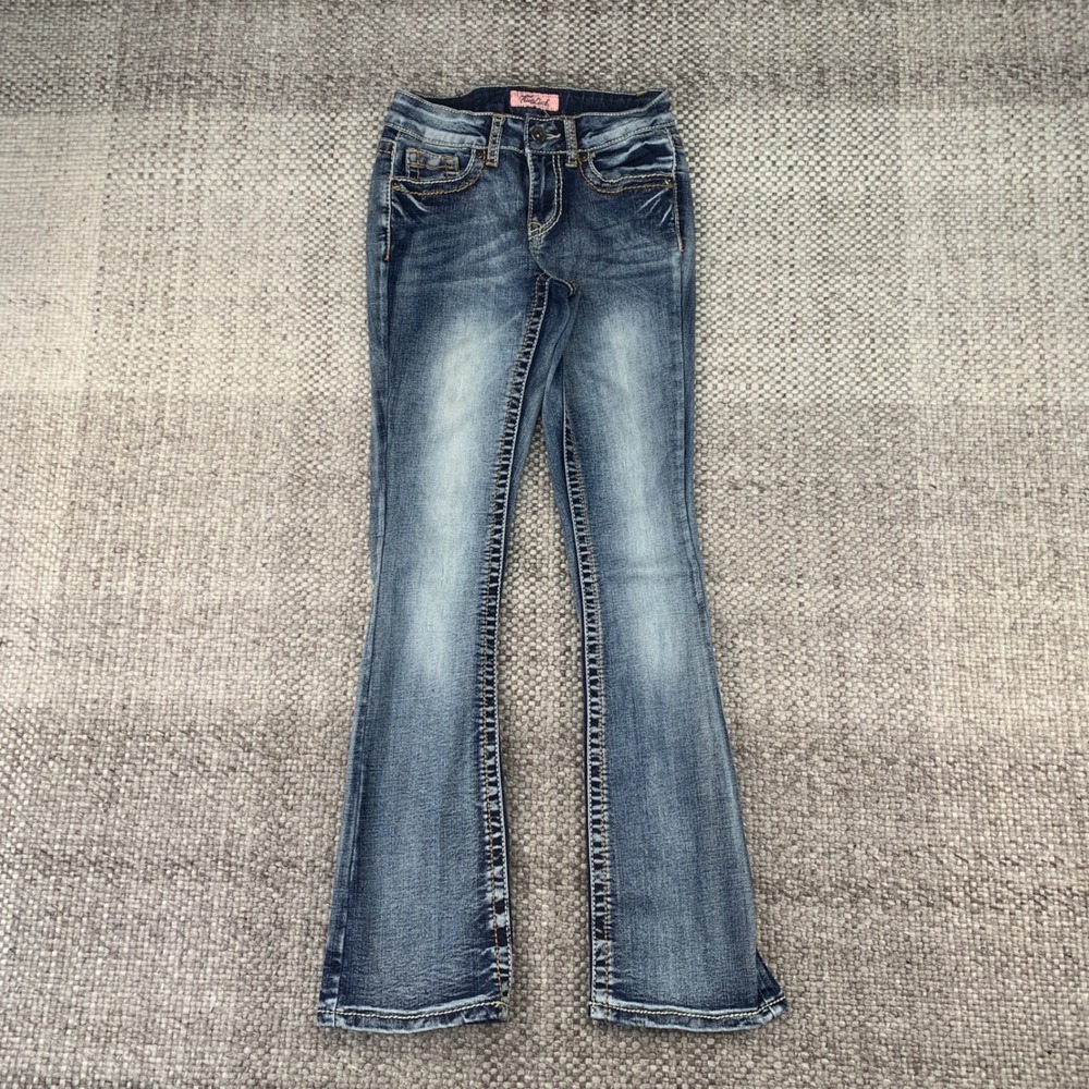 True Luck Bootcut Jeans Womens 1/2 Blue Medium Wash Embellished Thick Stitch
